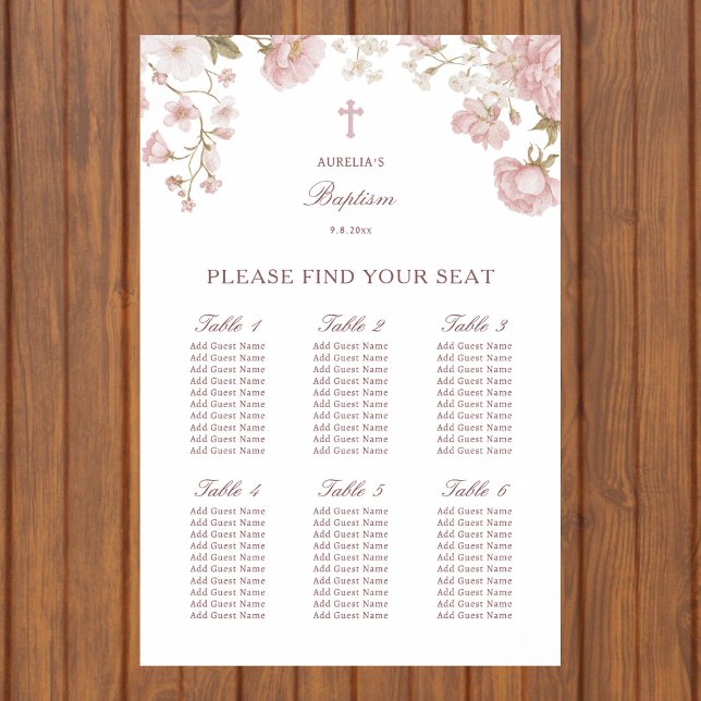 Poster Gráfico de Assentos para Batismo de Flores Rosadas (Criador carregado)