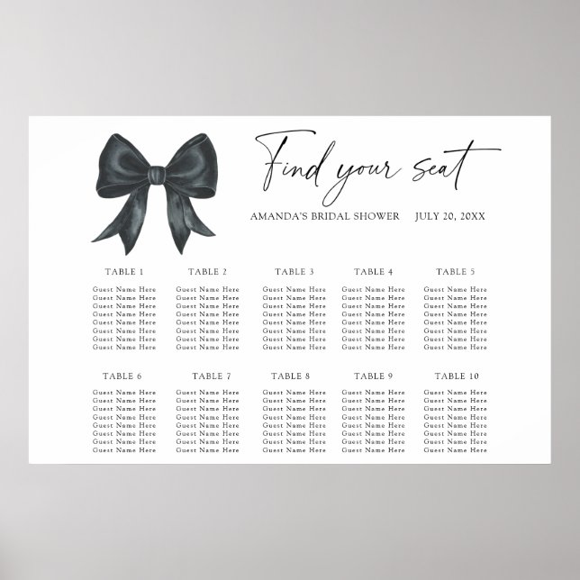 Poster Gráfico de assentos para casamento com laço preto (Frente)