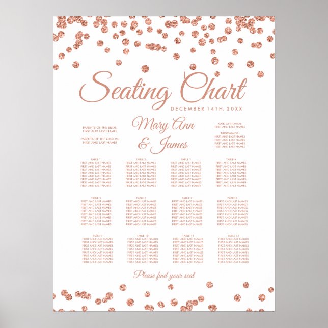 Póster Gráfico de Assentos Rosa Dourado Faux Glitter Conf (Frente)