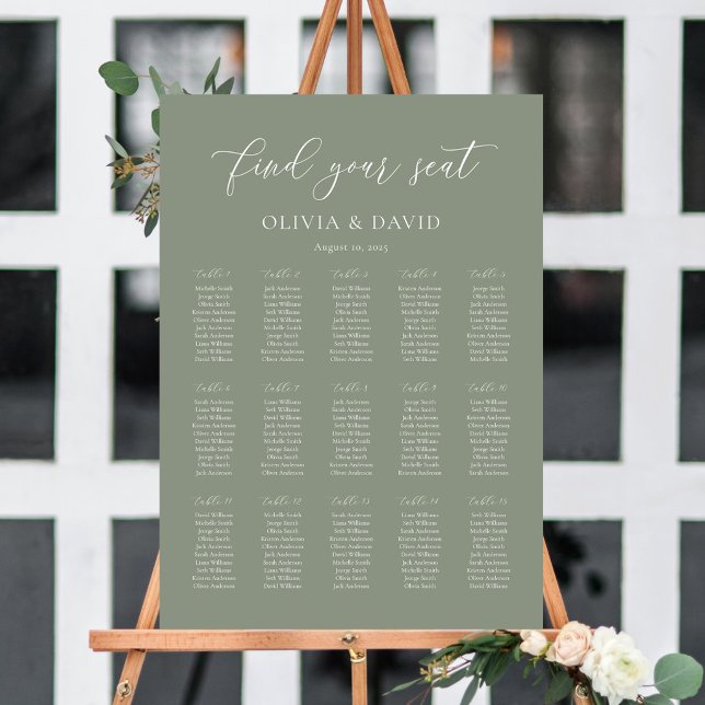 Poster Gráfico de Assentos Sage Green Elegant 15 mesas (Sage Green Elegant 15 table Wedding Seating Chart)