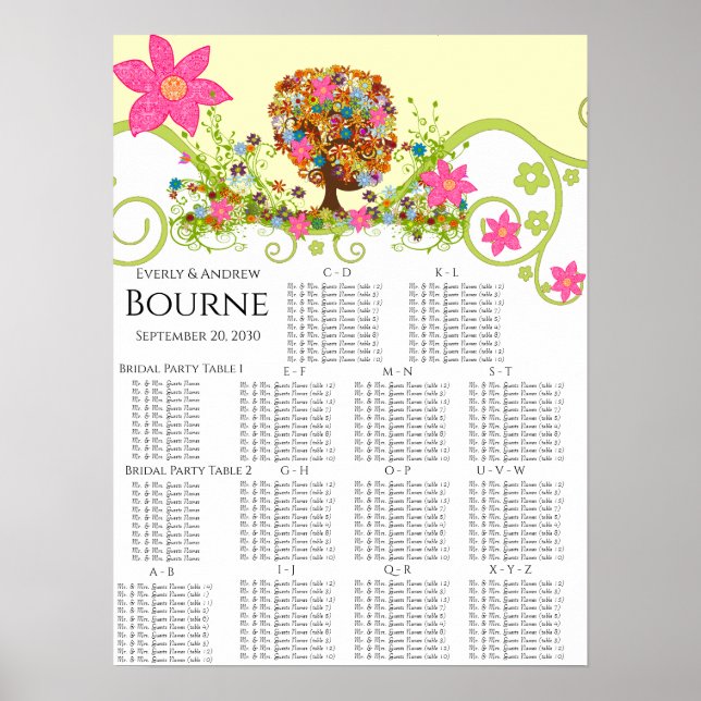 Poster Gráfico de Bancos de Árvore Flor Número de Mesas A (Frente)