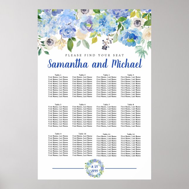 Poster Gráfico de Bancos de Mesa Azul Grande Hydrangea 12 (Frente)