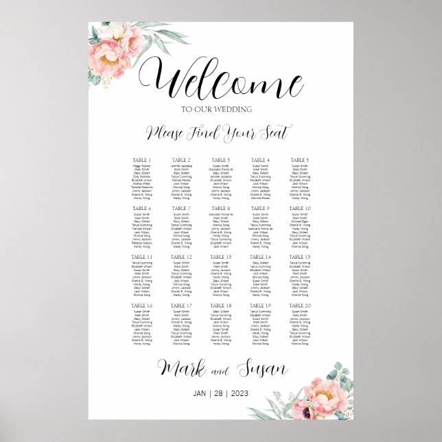 Poster Gráfico de Boas-vindas ao Casamento de Peonies Euc (Frente)