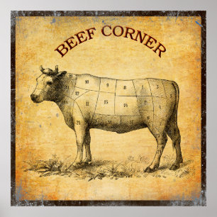 Póster gráfico de carne de bovino com cortes numerados
