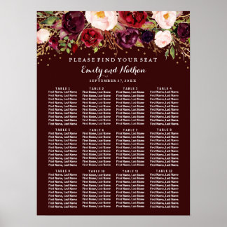 Poster Gráfico de Casamento Borgonha Dourada Floral