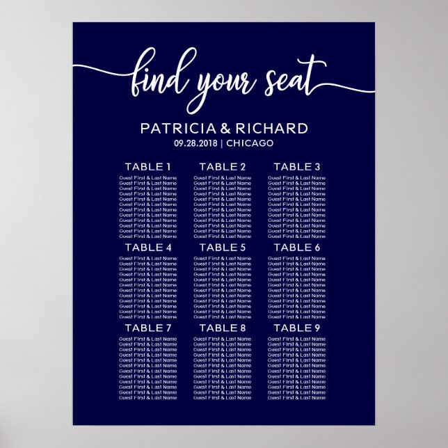 Poster Gráfico de Casamento Caligrafia Marinho Azul (Frente)