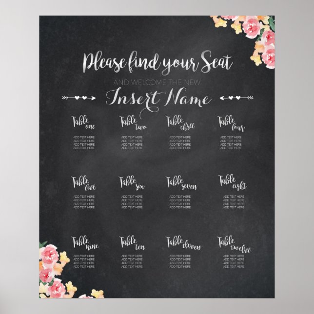 Poster Gráfico de Casamento | Chalkboard Floral (Frente)