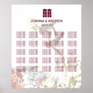 Poster Gráfico de Casamento de Aves e Flores Chinesas