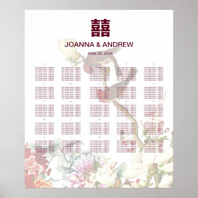 Poster Gráfico de Casamento de Aves e Flores Chinesas (Frente)