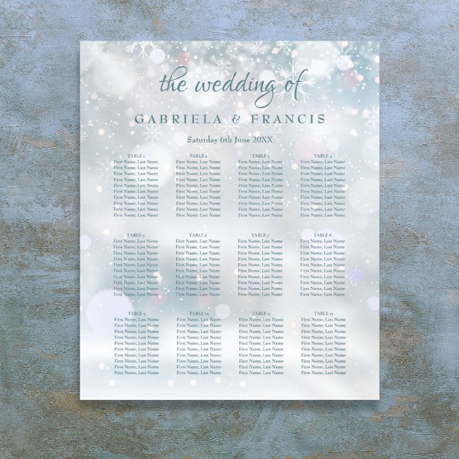 Poster Gráfico de Casamento de Casamento com Flocos de Ne (First Snowflakes Winter Wedding Seating Chart)