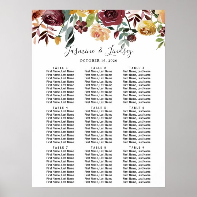 Poster Gráfico de Casamento de Casamento de Mesas Floral  (Frente)