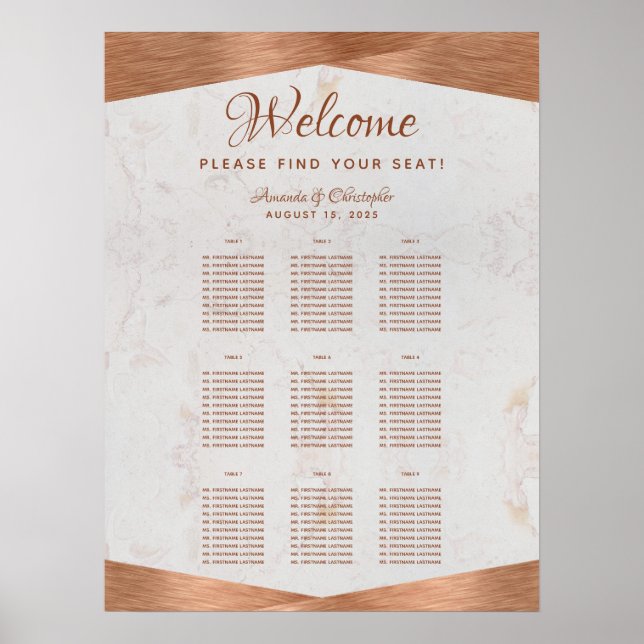 Poster Gráfico de Casamento de Cobre com 9 Mesas - Mármor (Frente)