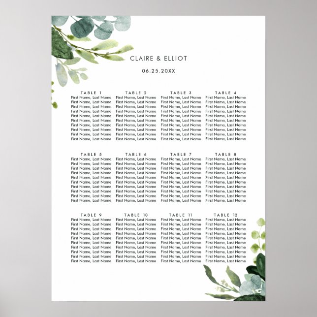 Poster Gráfico de Casamento de Folhagem Verde Eucalyptus (Frente)