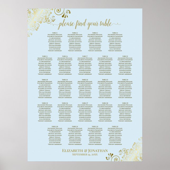 Poster Gráfico de Casamento de Mesa Azul e Dourado 23 (Frente)