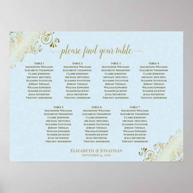 Poster Gráfico de Casamento de Mesa Azul e Dourado 7 (Frente)