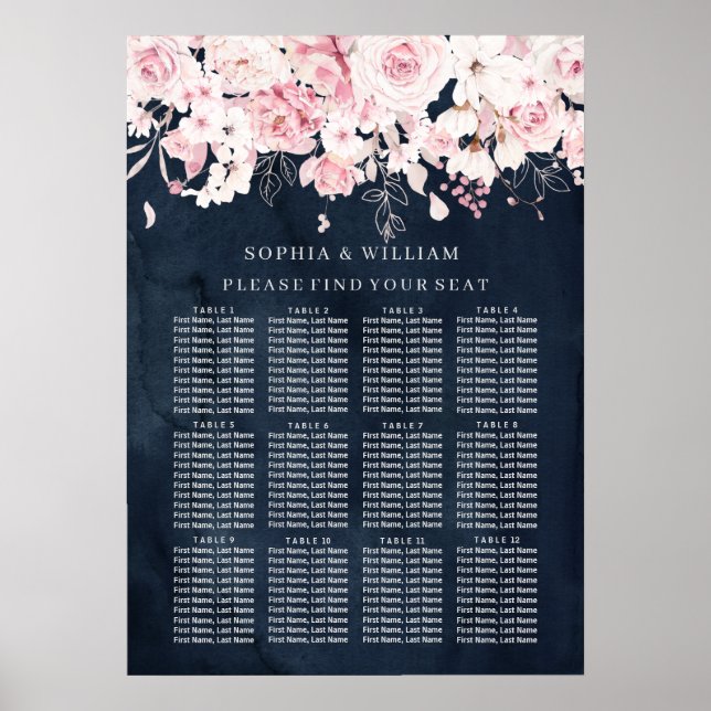 Poster Gráfico de Casamento de Mesa Floral e Marinho Blus (Frente)