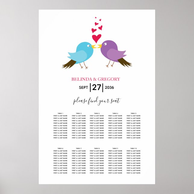 Poster Gráfico de Casamento de Pássaros e Corações (Frente)