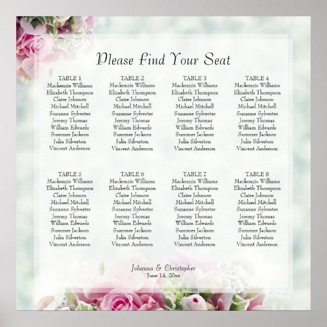 Poster Gráfico de Casamento de Rosas Rosa-Mesa 8 (Frente)