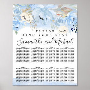 Poster Gráfico de Casamento Floral 8-Mesa Azul e Dourado
