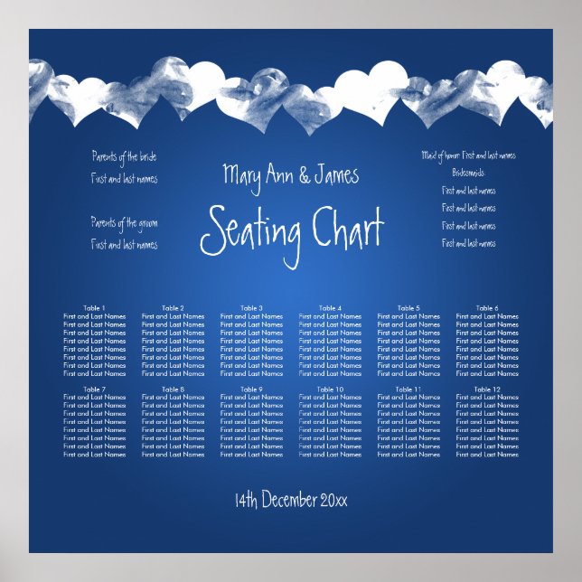 Póster Gráfico de Casamento Grunge Corações Azul (Frente)