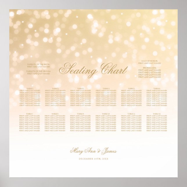 Póster Gráfico de Casamento Luzes de Faísca Bokeh Dourada (Frente)