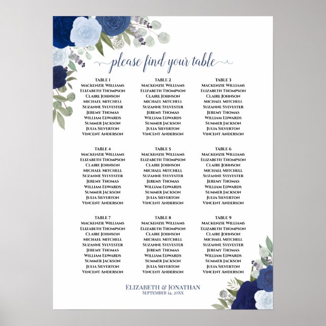 Poster Gráfico de Casamento Mesa Elegante 9 Rosas Azul (Frente)