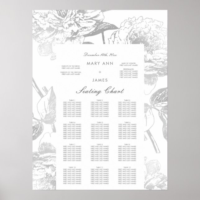 Poster Gráfico de Casamento Prata Floral Simples Moderna (Frente)