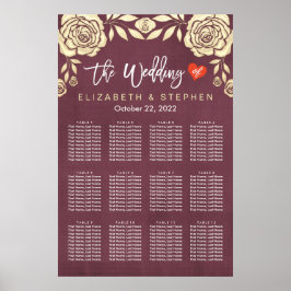 Poster Gráfico de Casamento Rosas Dourados Chic Vermelho 