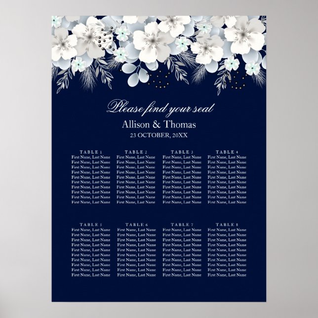 Poster Gráfico de Casamento Selo de flor branca sakura az (Frente)