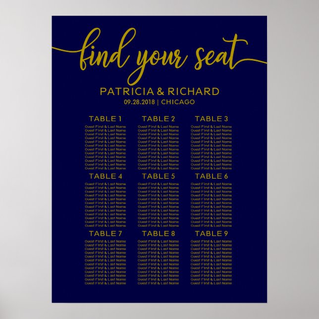 Poster Gráfico de Casamento Sinal de Marinho Dourado Azul (Frente)