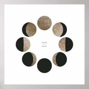 Póster Gráfico de Fase da Lua Dourada com Folha Moderna