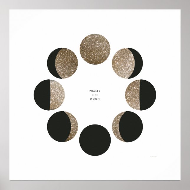 Póster Gráfico de Fase da Lua Dourada com Folha Moderna (Frente)
