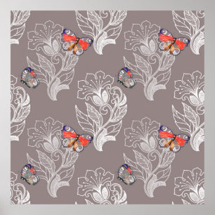 Poster Gráfico de flores e borboletas, aquarela, padrão