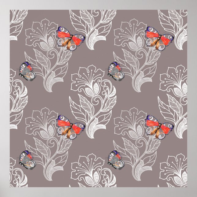 Poster Gráfico de flores e borboletas, aquarela, padrão (Frente)