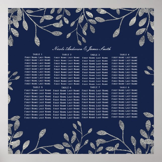 Poster Gráfico de Folhas Botânicas Florais Azuis Silver (Frente)