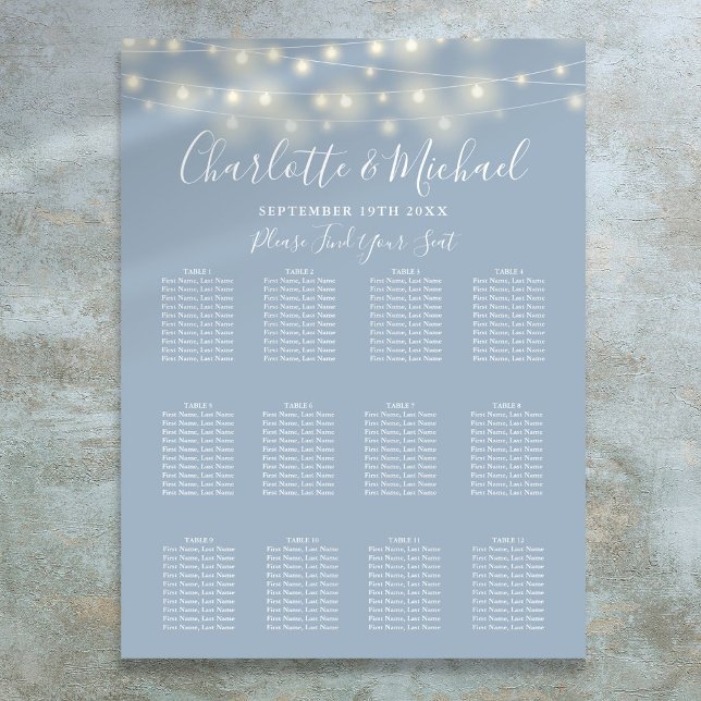 Poster Gráfico de Luzes de Corda Azul Dusty Sentando Casa (Dusty Blue String Lights Wedding Seating Chart)