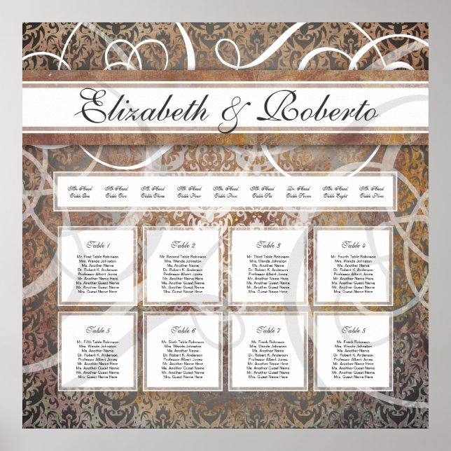 Poster Gráfico de Mesa de Casamento Elegante Damasco Tusc (Frente)