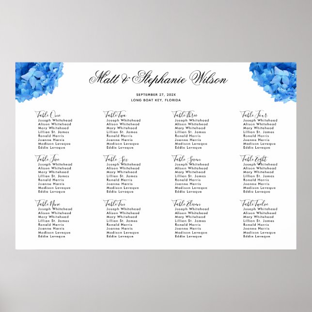 Poster Gráfico de Mesas de Casamento de Hydrangea Azul Sk (Frente)