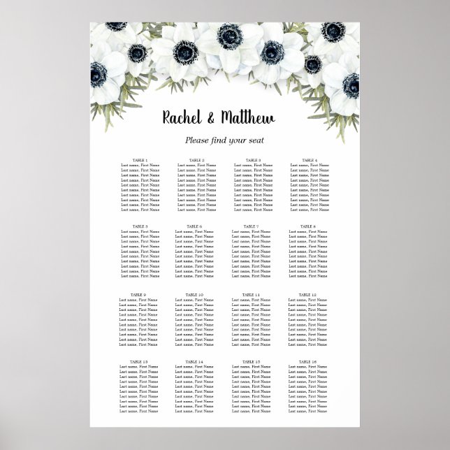 Poster Gráfico de Mesas de Casamento Floral Branco 16 (Frente)