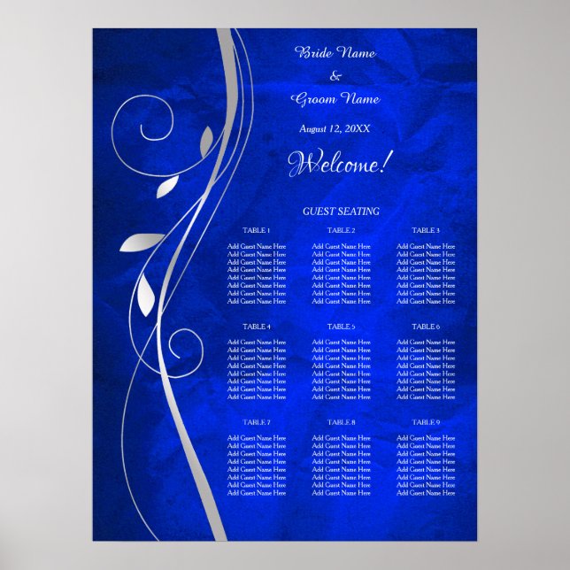 Poster Gráfico de Seções de Casamento Azul Silver Leaf Br (Frente)