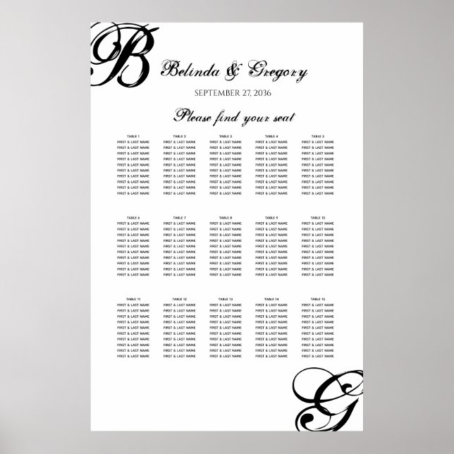 Poster Gráfico de Seções de Casamento de Script Preto e B (Frente)