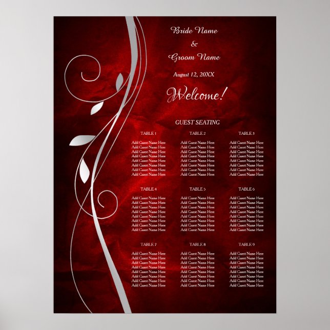 Poster Gráfico de Seções de Casamento Vermelho Profundo F (Frente)