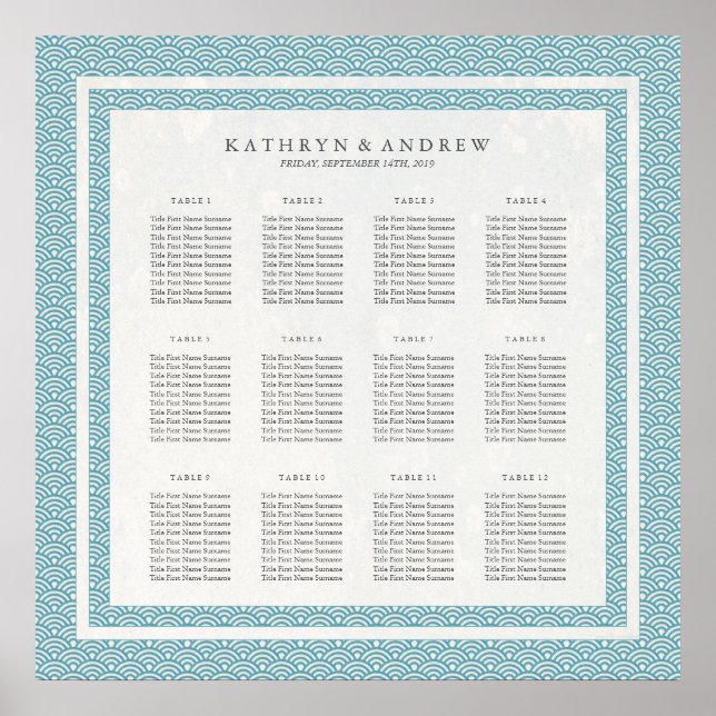 Póster Gráfico de Seitação Seigaiha - Padrão Verde Azul E (Frente)