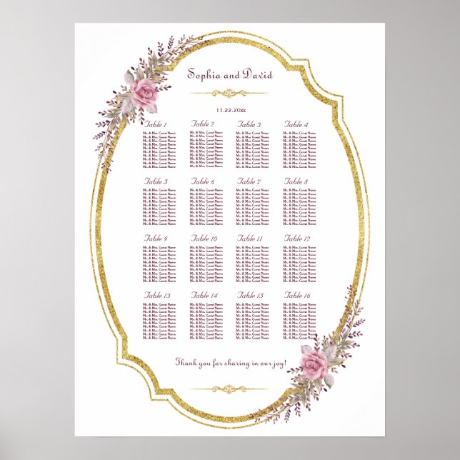 Poster Gráfico de Sentação de Quadro Dourado Floral para  (Frente)