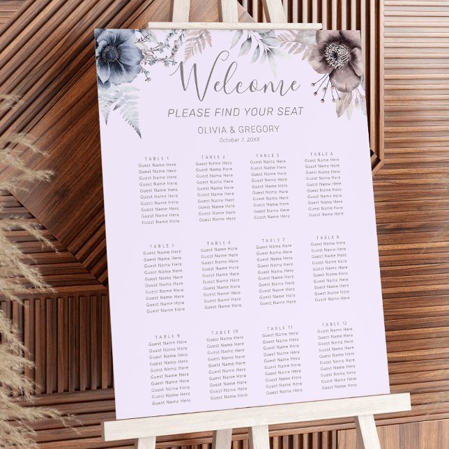 Poster Gráfico de Sentados de Casamento de Flor Primavera (Elegant Pastel Spring dusky blue, heather lilac, and beige. Watercolor Flower Wedding Seating Chart)