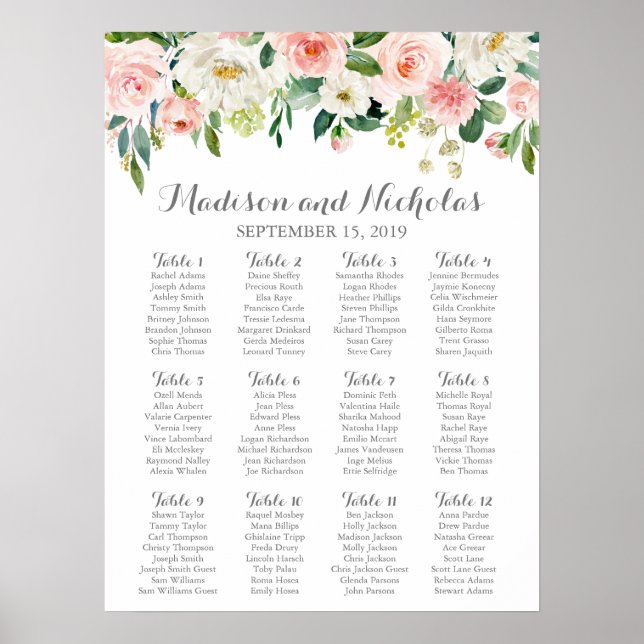 Poster Gráfico de Sentados de Casamento de Flores Rosa e  (Frente)