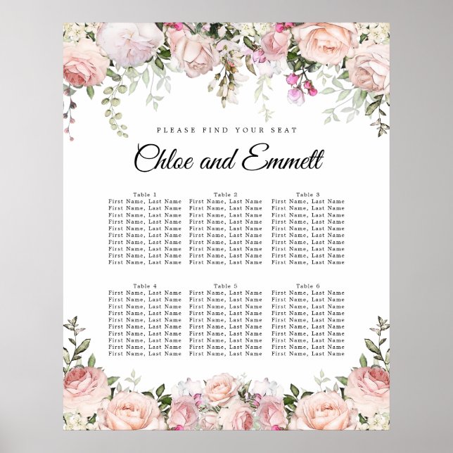Poster Gráfico de Sentados de Casamento Floral 6 Mesas, C (Frente)