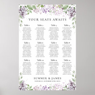 Poster Gráfico de Sentados de Casamento Floral Púrpura 