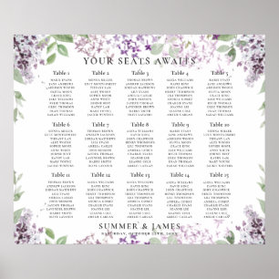 Poster Gráfico de Sentados de Casamento Floral Roxo Eleg