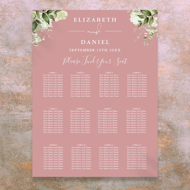 Poster Gráfico de Sentados de Casamentos de Casamentos co (Dusty Rose Floral Greenery Wedding Seating Chart)